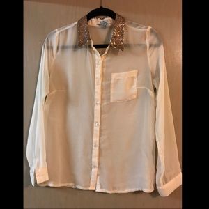 Sheer cream shirt with rose gold sequin collar